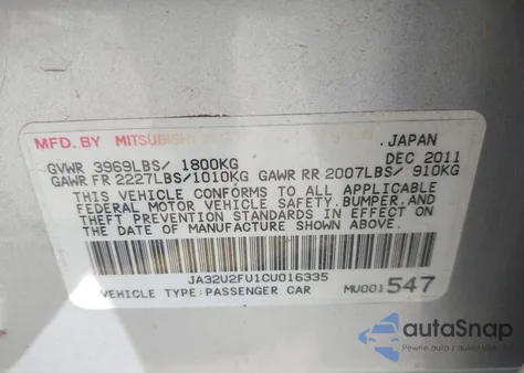 2012 Mitsubishi Lancer Es из США, поврежденный, VIN JA32U2FU1CU016335